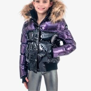 Appaman Kayla Shiny plum Black metallic Puffer Jacket faux Fur Hood NWT 4T